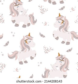 Cute unicorn, feather and moon in boho style seamless pattern. Vector illustration, design for scrapbooking, decoration, cards, paper goods, background, wallpaper, wrapping, fabric and all your creati