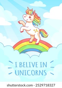 A cute unicorn features prominently with a colorful mane rising above a bright rainbow. The background consists of a sunny sky enhancing the whimsical atmosphere of imagination and joy.