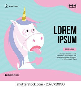 Cute unicorn is feeling tired. Banner design template of unicorn.