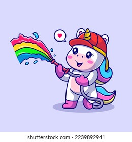 Cute Unicorn Firefighter With Rainbow Water Cartoon Vector Icon Illustration. Animal Holiday Icon Concept Isolated Premium Vector. Flat Cartoon Style