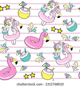 Cute unicorn with flamingo-shaped inflatable circle on a white background seamless pattern