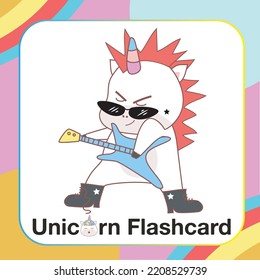 Cute Unicorn Flashcard for Children. Ready to print. Printable game card. Educational card for preschool. Vector illustration.