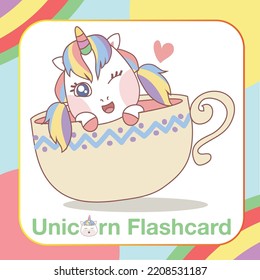 Cute Unicorn Flashcard for Children. Ready to print. Printable game card. Educational card for preschool. Vector illustration.