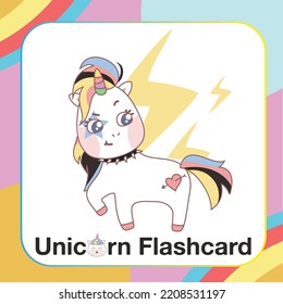 Cute Unicorn Flashcard for Children. Ready to print. Printable game card. Educational card for preschool. Vector illustration.