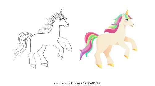Cute unicorn in flat style. Coloring book for children. Cartoon vector illustration.