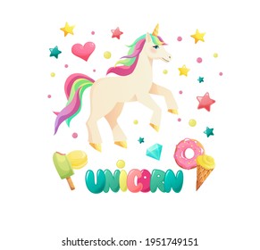 Cute unicorn in flat style. Hand lettering text. Cartoon vector illustration.