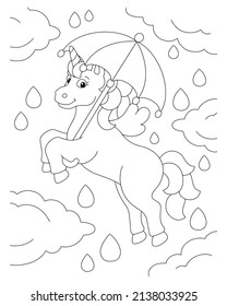 A cute unicorn flies through the rainy sky with an umbrella. Coloring book page for kids. Cartoon style character. Vector illustration isolated on white background.