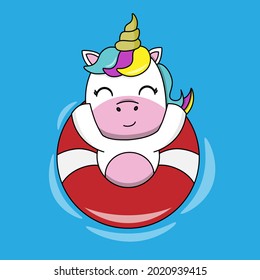 Cute unicornio con flotación en el agua. Vector aislado