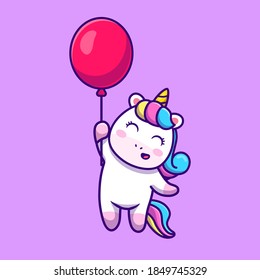 Cute Unicorn Floating With Balloon Cartoon Vector Icon Illustration. Animal Love Icon Concept Isolated Premium Vector. Flat Cartoon Style