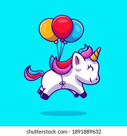 Cute Unicorn Floating With Balloon Cartoon Vector Icon Illustration. Animal Love Icon Concept Isolated Premium Vector. Flat Cartoon Style