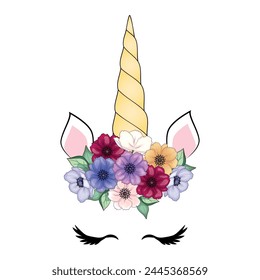 Cute unicorn with floral anemone wreath and gold glitter horn. Vector hand drawn illustration.