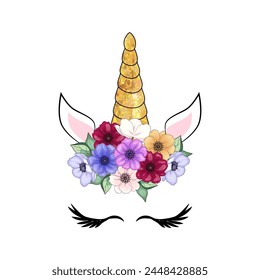 Cute unicorn with floral anemone wreath and gold glitter horn. Vector hand drawn illustration.