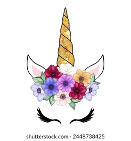 Cute unicorn with floral anemone wreath and gold glitter horn. Vector hand drawn illustration.