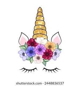 Cute unicorn with floral anemone wreath and gold glitter horn. Vector hand drawn illustration.