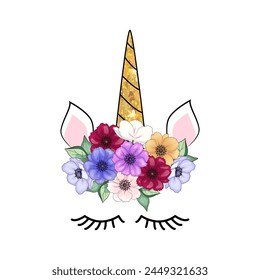 Cute unicorn with floral anemone wreath and gold glitter horn. Vector hand drawn illustration.