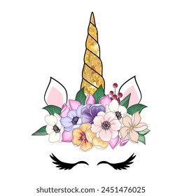 Cute unicorn with floral anemone wreath and gold glitter horn. Vector hand drawn illustration.