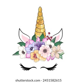 Cute unicorn with floral anemone wreath and gold glitter horn. Vector hand drawn illustration.