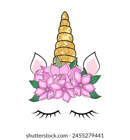 Cute unicorn with floral magnolias wreath and gold glitter horn. Vector hand drawn illustration.
