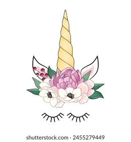 Cute unicorn with floral peonies wreath and gold glitter horn. Vector hand drawn illustration.