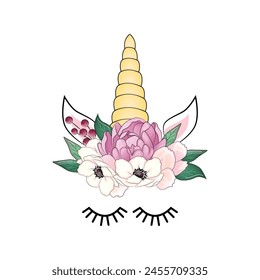 Cute unicorn with floral peonies wreath and gold glitter horn. Vector hand drawn illustration.