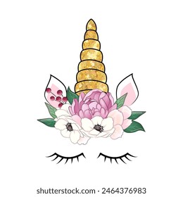 Cute unicorn with floral peonies wreath and gold glitter horn. Vector hand drawn illustration.