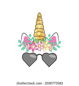 Cute unicorn with floral wreath, with glasses and gold glitter elements.