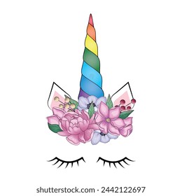 Cute unicorn with floral wreath and gold glitter horn. Vector hand drawn illustration.