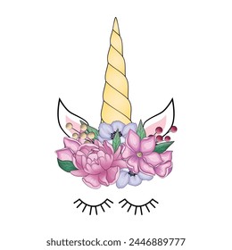 Cute unicorn with floral wreath and gold glitter horn. Vector hand drawn illustration.