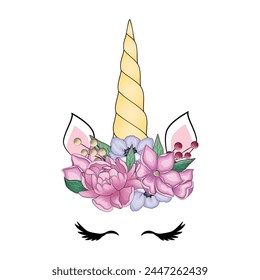 Cute unicorn with floral wreath and gold glitter horn. Vector hand drawn illustration.