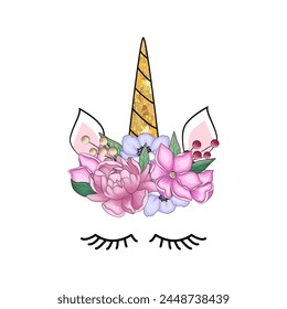 Cute unicorn with floral wreath and gold glitter horn. Vector hand drawn illustration.