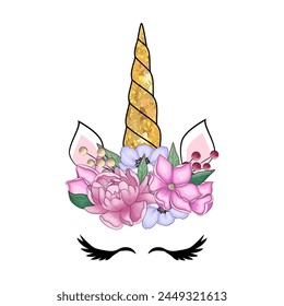 Cute unicorn with floral wreath and gold glitter horn. Vector hand drawn illustration.