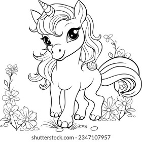 Cute unicorn with flower, Unicorn coloring pages, Coloring book for kids.