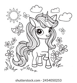 Cute unicorn with flower, Unicorn coloring pages, Coloring book for kids. Cute cartoon unicorn in a meadow among flowers. Black and white linear drawing. For children's design of prints, posters, stic