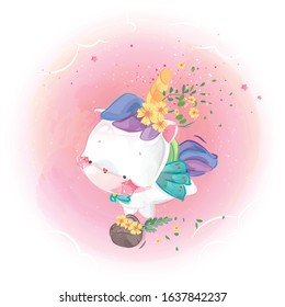 Cute unicorn with flower in the sky.