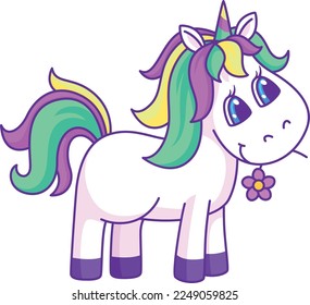 Rutschiert einhorn mit Blume. Lächelnder, freundlicher Märchencharakter