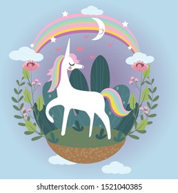 cute unicorn with flower,moon,rainbow cartoon for greeting card, vector isolated withh background