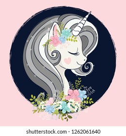 Cute unicorn with flowers.