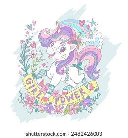 Lindo unicornio con flores. Letras del poder de las chicas. Ilustración vectorial en colores pastel de moda. Caricatura. Concepto de cumpleaños. Diseño de postales y pegatinas. Para estampado, camiseta y diseño de ropa