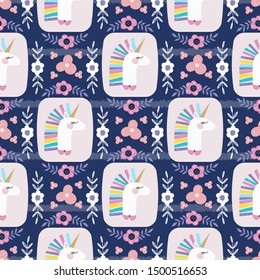 Cute unicorn with flowers and hearts vector pattern background. Design for fabric, wrapping, textile, wallpaper, apparel.