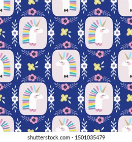 Cute unicorn with flowers and hearts vector pattern background. Design for fabric, wrapping, textile, wallpaper, apparel.