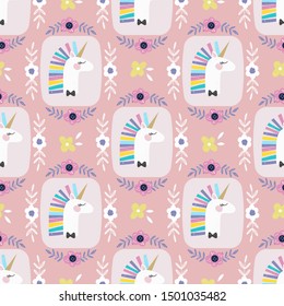 Cute unicorn with flowers and hearts vector pattern background. Design for fabric, wrapping, textile, wallpaper, apparel.
