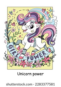 Unicornio lindo con flores y poder de las niñas. Ilustración vectorial de color de carácter de dibujos animados. Cartel y portada del libro de unicornio. Para tarjetas, impresiones, diseño, pegatinas, decoración, rompecabezas y juegos