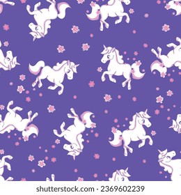 Cute unicorn with flowers, Pattern seamless kids fashion textile print, Hand drawn Vector Illustration