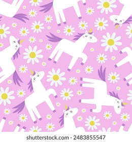 Nettes Einhorn und Blumen. In: Purple Fantasy Animal - Magical Unicorn. Buntes nahtloses Muster im Cartoon-Flat-Stil