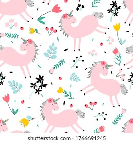 Cute unicorn and flowers seamless pattern print design. Vector illustration design for fashion fabrics, textile graphics, prints.