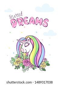 A cute unicorn in flowers is smiling. Fashionable vector illustration. Template greeting card or poster, for a party, invitation.