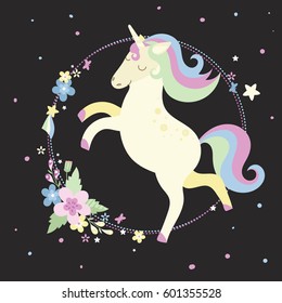 Cute unicorn with flowers, stars and round frame in pastel colors on a black background. Perfect for decorating presents, party decorations, book/journal cover, product design, apparel, birthday