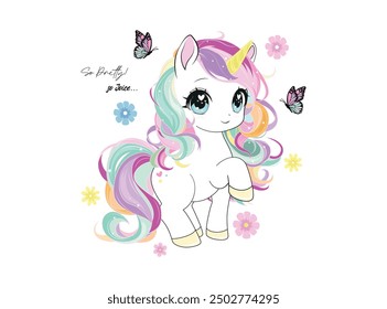 Cute unicorn, flowers, vector. Design to print on a shirt, poster, banner, dedications. Lovely print for t-shirt