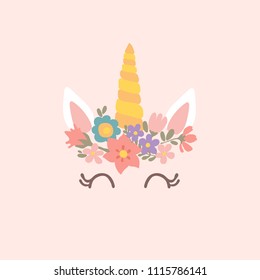 Cute unicorn with flowers vector illustration