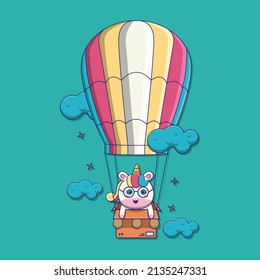 cute unicorn fly with balloons, suitable for children's books, birthday cards, valentine's day, stickers, book covers, greeting cards, printing. 